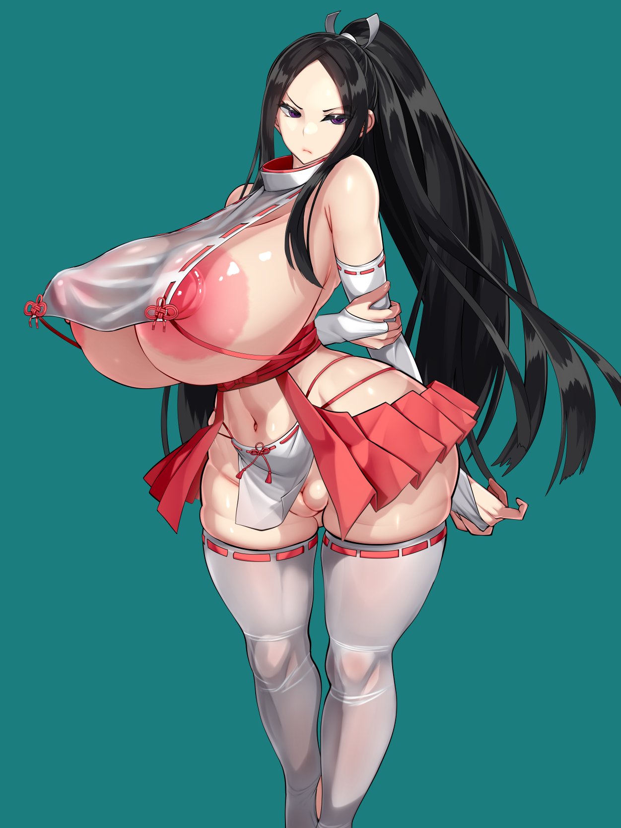 angry armwear big_breasts black_hair female kawahagitei legwear ponytail revealing_clothes shrine_maiden