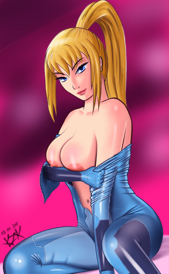 2011 artist_request bare_shoulders blonde_hair blue_eyes breasts female female_only human katzueki metroid nintendo ponytail samus_aran shiny_clothes solo tied_hair tight_clothing zero_suit zero_suit_samus