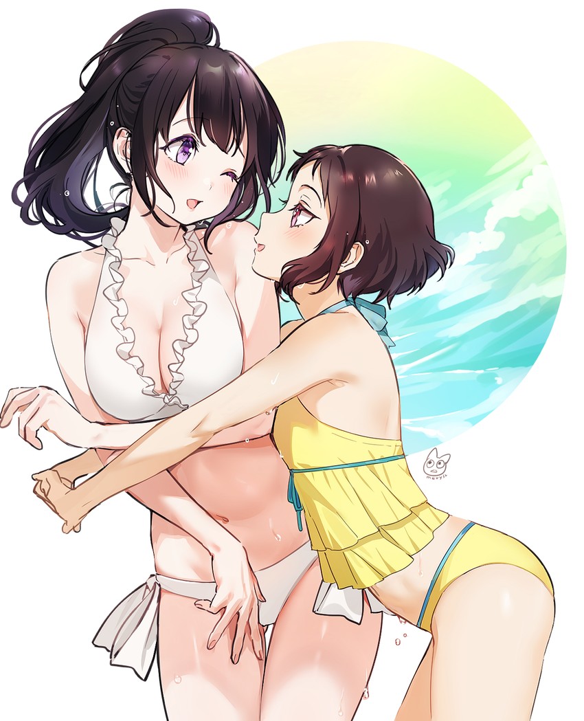 armpits ass_visible_through_thighs bare_arms bare_belly bare_legs bare_shoulders bare_thighs belly_button big_breasts bikini black_hair blush breasts brown_hair chitanda_eru cleavage collarbone frills hug hugging hyouka ibara_mayaka long_hair mery_(yangmalgage) one_eye_closed open_mouth pink_eyes ponytail purple_eyes shiny_skin short_hair side-tie_bikini_bottom small_breasts smile tankini thighs wet_body wet_hair white_bikini yellow_bikini