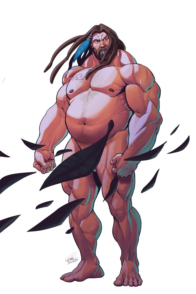 1boy 1male bara bara_tiddies bara_tits barazoku beard biceps big_arms big_belly big_trapezius blue_eyes brown_hair creative_censorship dreadlocks feather_in_hair ilovefsushi league_of_legends long_hair long_hair_male love_sushi male male_only muscular muscular_arms muscular_male muscular_thighs no_visible_genitalia solo_male thick_thighs udyr