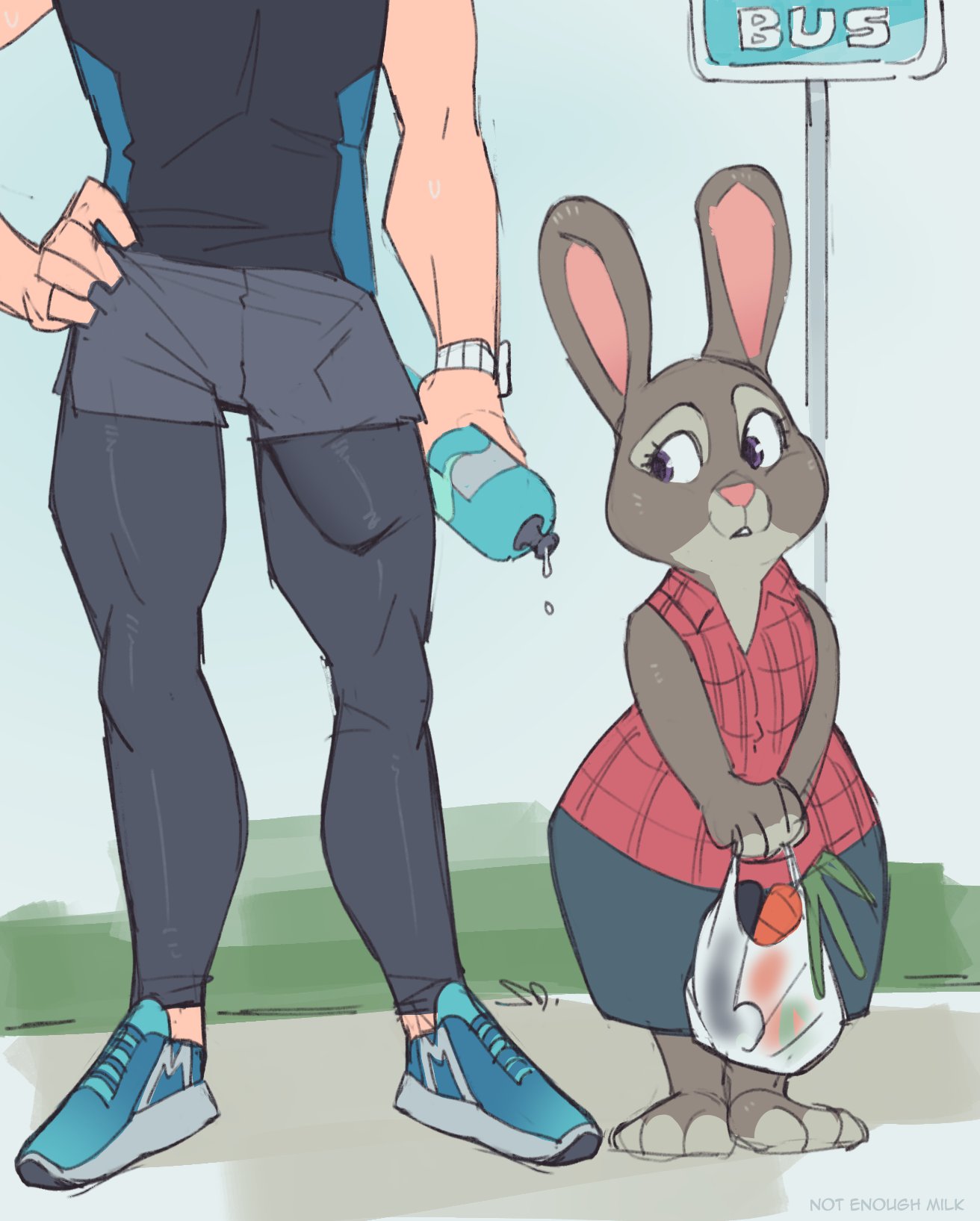 2024 age_difference anthro athletic athletic_human athletic_male bag barefoot big_eyes biped blue_background blue_bottomwear blue_clothing blue_skirt bonnie_hopps bottle bottomwear bulge carrot clock clothed clothed_anthro clothed_female clothed_human clothed_male clothing container countershade_face countershade_fur countershade_neck countershading detailed_bulge digital_drawing_(artwork) digital_media_(artwork) disney duo english_text erection erection_under_clothing eyelashes faceless_character faceless_human faceless_male feet female female_anthro fingerless_(marking) fingers food footwear front_view fully_clothed fully_clothed_anthro fully_clothed_female fully_clothed_human fully_clothed_male fur genital_outline glistening glistening_eyes grass grey_body grey_bottomwear grey_clothing grey_ears grey_fur grey_pants hand_on_hip hand_on_own_hip hands_together hi_res holding_bag holding_bottle holding_container holding_object human humanoid_hands iris lagomorph larger_human larger_male leporid light_body light_ears light_fur light_inner_ear light_nose light_skin looking_at_another male male_human mammal mature_anthro mature_female monotone_body monotone_skin multicolored_clothing multicolored_footwear multicolored_shirt multicolored_sneakers multicolored_topwear not_enough_milk not_enough_milk_(artist) older_anthro older_female outside pants penis_outline pink_clothing pink_inner_ear pink_nose pink_shirt pink_topwear plant plantigrade pupils purple_eyes rabbit road_sign shirt shoes sign simple_background size_difference skirt smaller_anthro smaller_female sneakers snout standing straight_legs text text_on_sign toeless_(marking) topwear two_tone_clothing two_tone_shirt two_tone_topwear vegetable watch water water_bottle white_body white_skin white_text wide_hips wristwatch younger_human zootopia