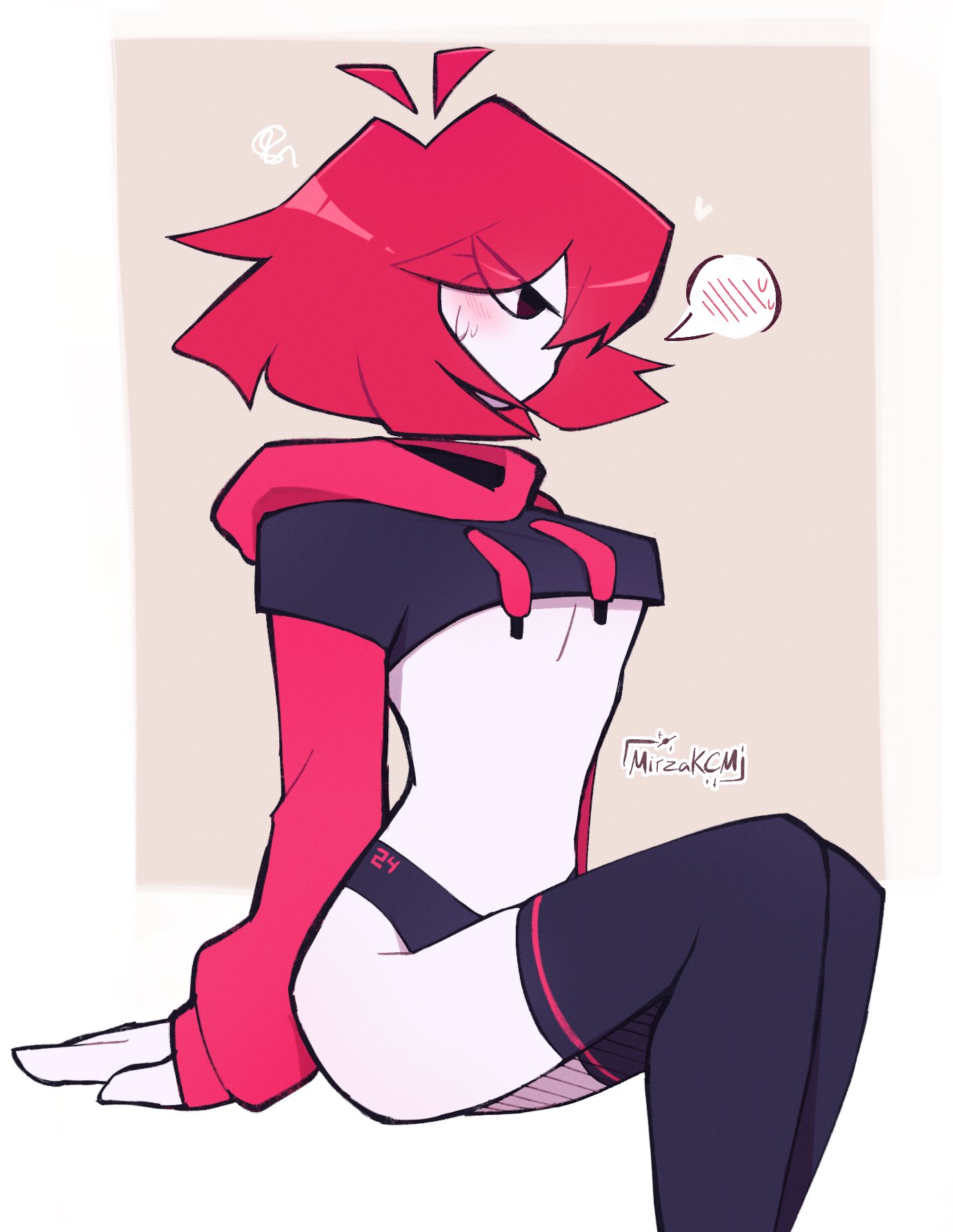 1girls, blush, breasts, coquitokum, cropped hoodie, embarrassed, female, fnf, fnf mod, fnf mods, friday night funkin, friday night funkin mod, heart, hotline 024, long sleeves, nikku morioka, paggi outfit, panties, red hair, short hair, sweat, tagme, thighhighs, underboob, watermark, white skin