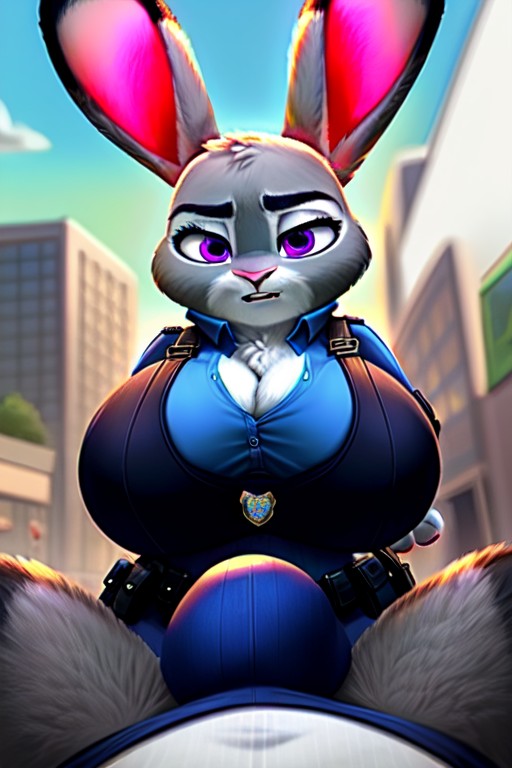 1boy 1girls ai_generated big_breasts bulge bulge_through_clothing disappointed embarrassed fluffy fully_clothed_female furry huge_breasts imminent_sex judy_hopps looking_at_viewer mostly_nude_male pov public public_indecency zootopia