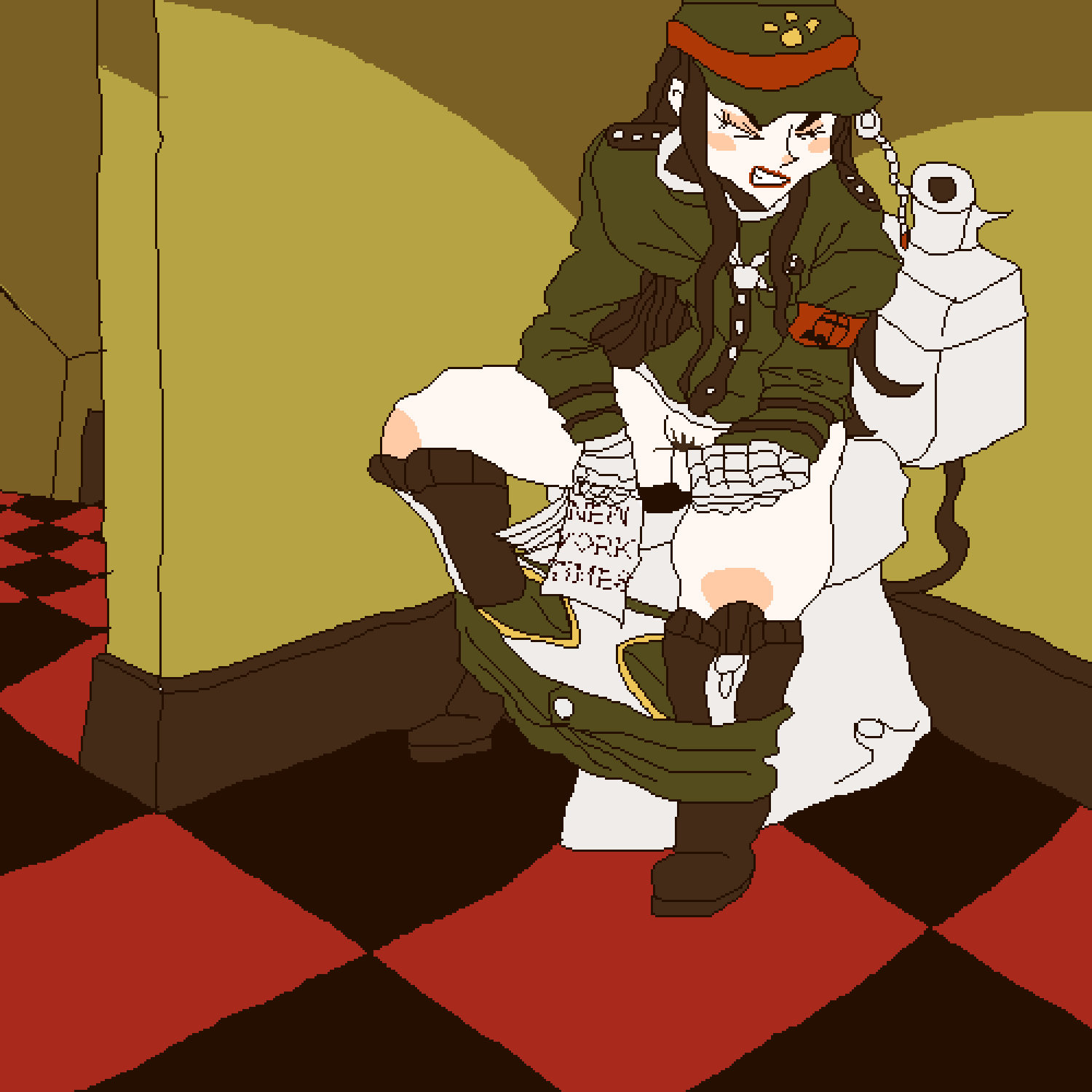 1boy bandage black_hair blush boots cap closed_eyes comission danganronpa danganronpa_v3 femboy high_boots leanderart64 long_hair military_uniform newspaper nose_blush pants_down penis pixel_art pubic_hair shinguji_korekiyo shitting sitting sitting_on_toilet toilet toilet_paper