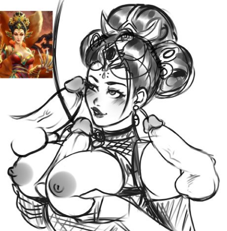 1girls 3boys asian_mythology big_breasts blush chinese_mythology collar da_ji_(smite) disembodied_penis female goddess hi-rez_studios law-zilla leash mythology sketch smite