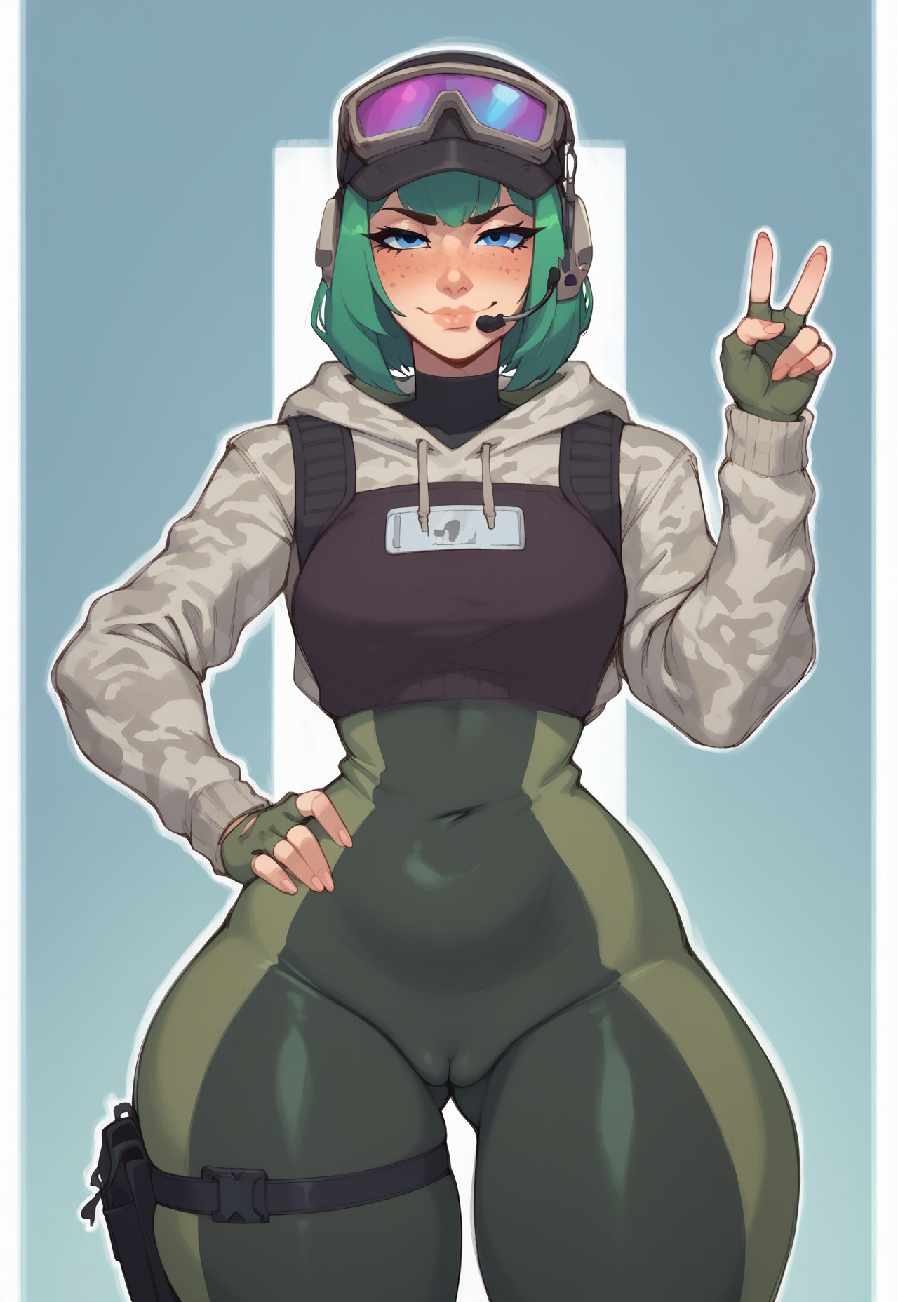 ai generated, blue eyes, bodysuit, cameltoe, child bearing hips, ela (rainbow six), female, green hair, peace sign, pussy, slim waist, smile, wide hips