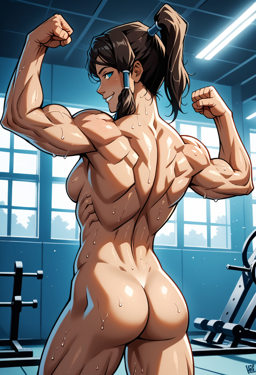 1girls ai_generated ass avatar_legends completely_naked completely_nude female flexing flexing_bicep flexing_muscles gym korra looking_at_viewer muscular muscular_back muscular_female naked nude sideboob smile the_avatar the_legend_of_korra water_tribe