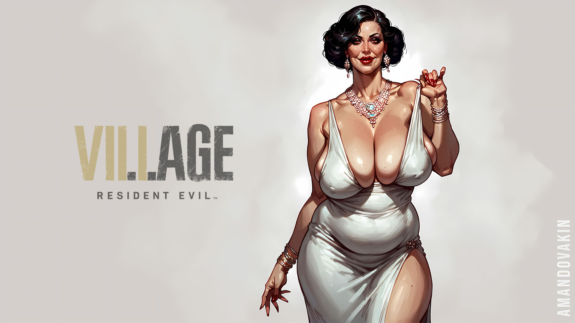 ai generated, alcina dimitrescu, amandovakinai, belly, belly button, big breasts, breasts, curvy, dress, enormous breasts, female, huge breasts, mature, mature female, medium hair, no bra, resident evil, resident evil 8: village, sagging breasts, sfw, wallpaper