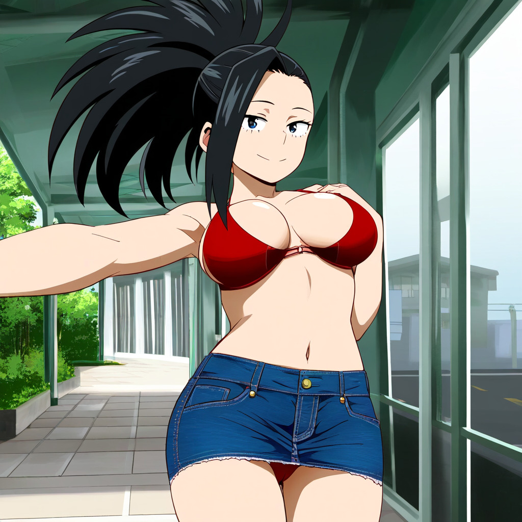 1girls ai_generated black_hair boku_no_hero_academia breasts curvy curvy_female curvy_figure denim_skirt female jean_skirt miniskirt momo_yaoyorozu my_hero_academia navel ponytail red_bra red_panties revealing revealing_clothes skirt upskirt yaoyorozu_momo