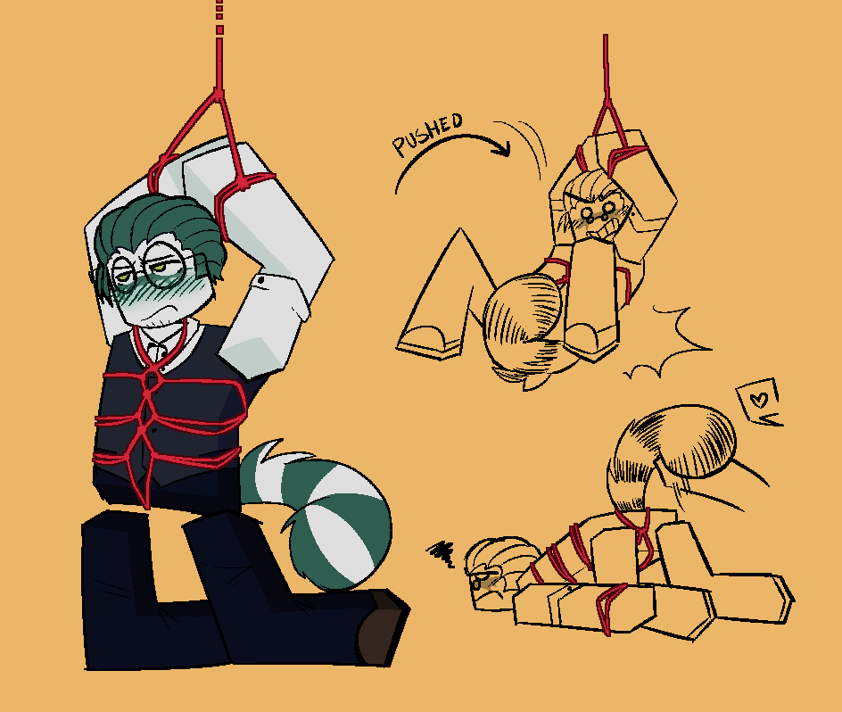 animal_tail annoyed annoyed_expression blocky_body bondage celtor_(deepwoken) deepwoken doodles duke_erisia_(deepwoken) glasses male male_only raccoon_tail roblox robloxian rope_bondage shibari_over_clothes