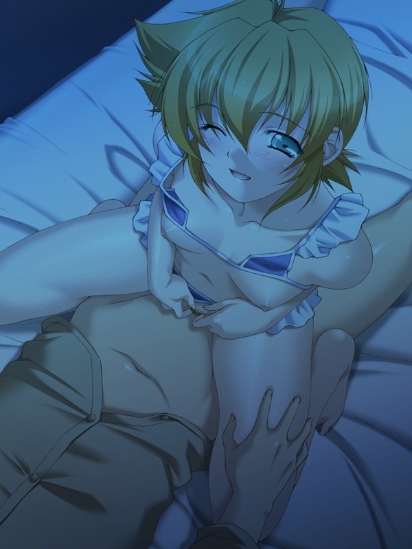 barefoot bed bikini blonde_hair blush closed_eyes cosplay_fetish_academy cowgirl_position flat_chest green_eyes mikage_shana sex swimsuit uncensored