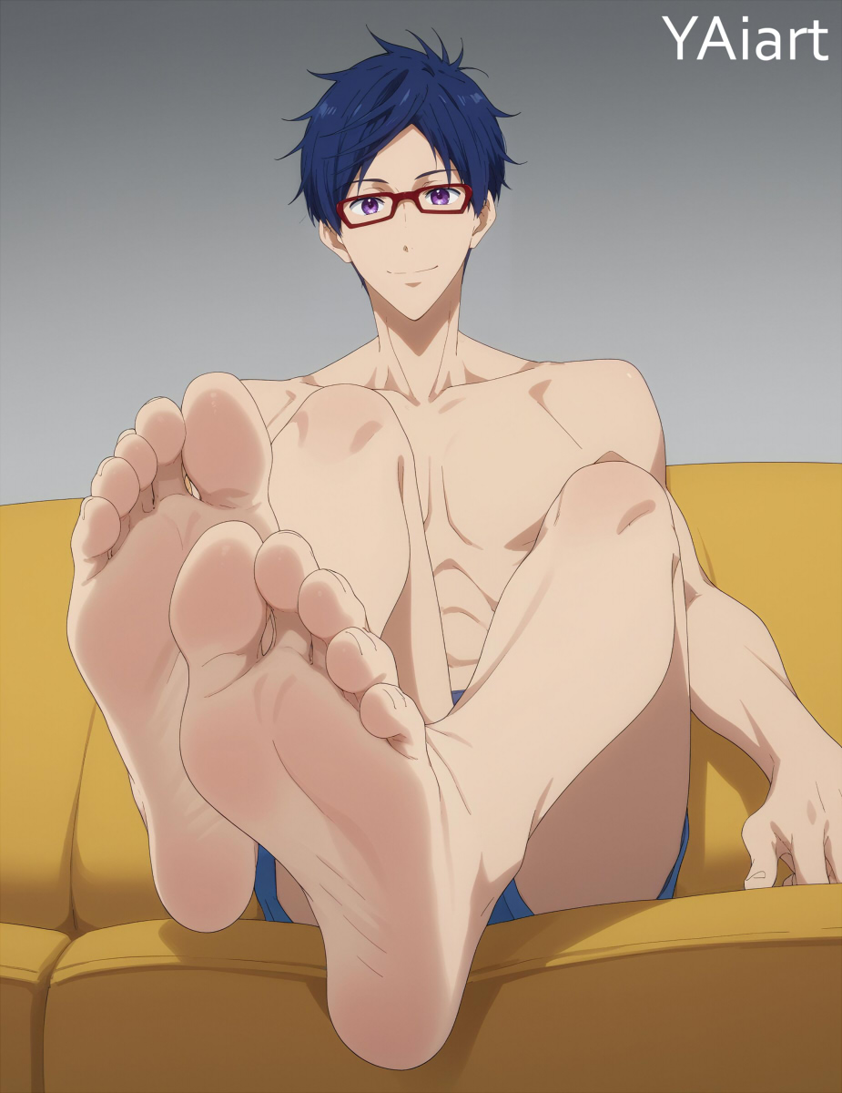 ai_generated blue_hair foot_fetish foot_focus free! glasses looking_at_viewer nude_male rei_ryugazaki yaiart