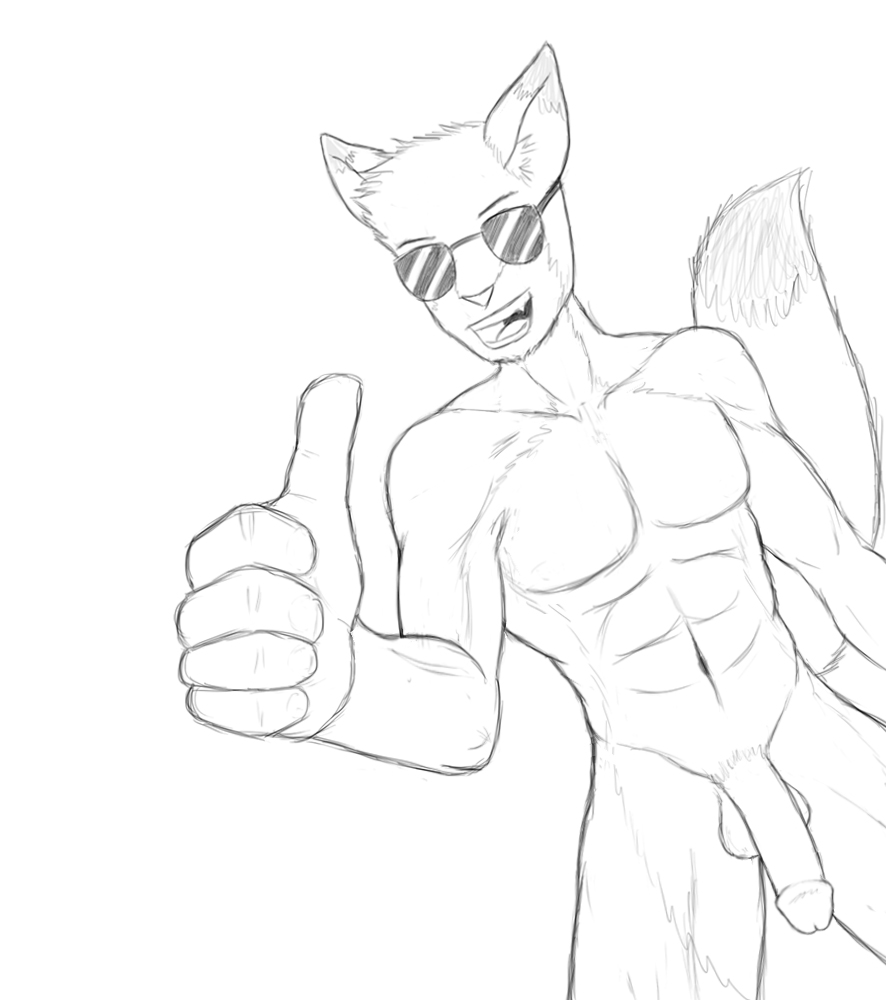 abs anthro aviators balls canine flaccid fur furry looking_at_viewer male male_only muscles nude pecs penis sketch thumbs_up volkcreed wolf