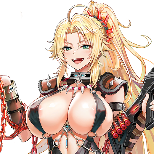 ammunition areola_slip areolae arm_bracelets barbarian barbarian_armor barbarian_woman barbariana_(last_origin) bikini_armor blonde_hair bracers chains collar color female female_focus female_only forehead game_cg green_eyes gun hair_between_eyes hair_tuft huge_breasts last_origin long_hair looking_at_viewer no_bra open_mouth ponytail revealing_clothes shoulder_pads skimpy skimpy_armor skimpy_clothes skindentation smile smiling smiling_at_viewer spikes taesi transparent_background upper_body