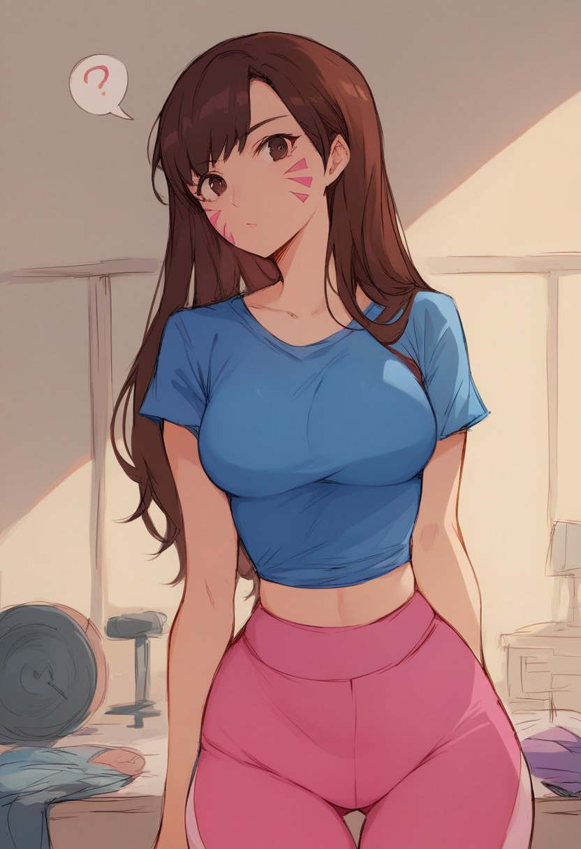 ai_generated bare_arms big_breasts blizzard_entertainment blush brown_eyes brown_hair clothed clothing color d.va female_focus female_only hi_res large_breasts light-skinned_female light_skin long_hair looking_at_viewer overwatch santaclausai solo solo_female tagme thick_thighs