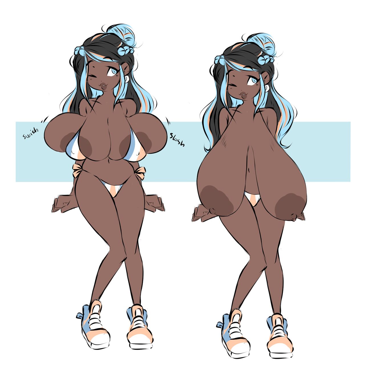 1girls, alternate breast size, big breasts, bikini, breasts, breasts bigger than head, dark skin, dark-skinned female, dullvivid, female, female only, full body, huge breasts, human, human only, long breasts, nessa (pokemon), nintendo, nipples, no source, pokemon, pokemon ss, sagging breasts, smile, swimsuit, top heavy
