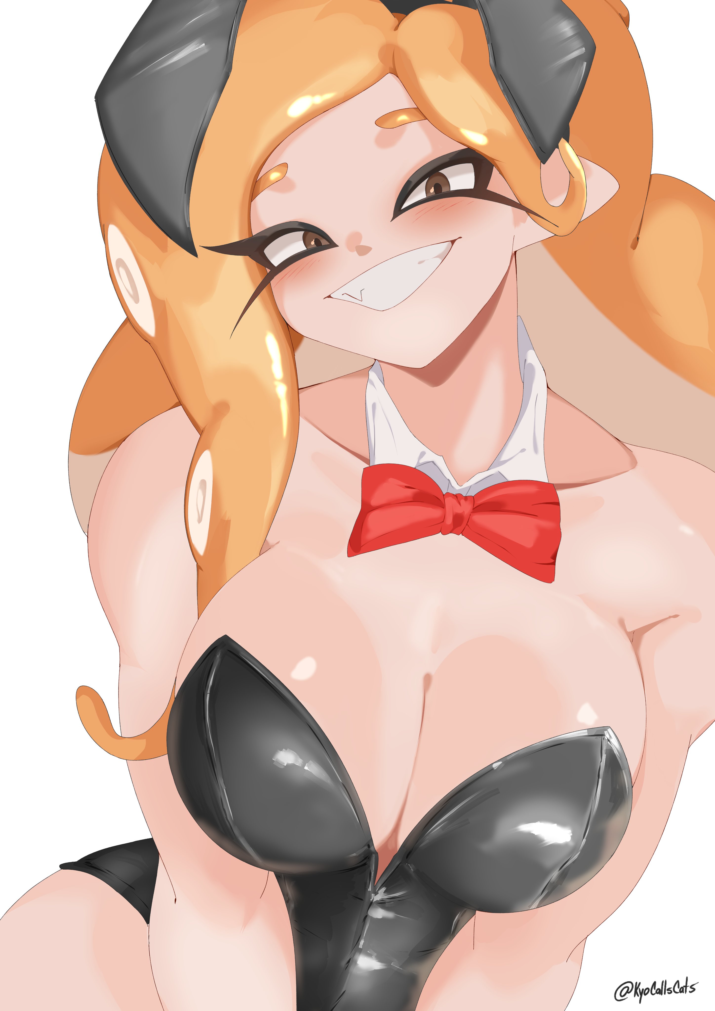 1girls, 2d (artwork), arya (kyocallscats), bow, breasts, brown eyes, bunny ears, bunny girl, bunnysuit, cleavage, detached collar, digital drawing (artwork), digital media (artwork), female, kyocallscats, large breasts, long hair, looking at viewer, milkytwinkers, nintendo, octoling, octoling girl, octoling rival, orange hair, playboy bunny, red bow, simple background, solo, splatoon, splatoon (series), splatoon 3, splatoon oc, tentacle hair, twitter link, twitter username, watermark, white background