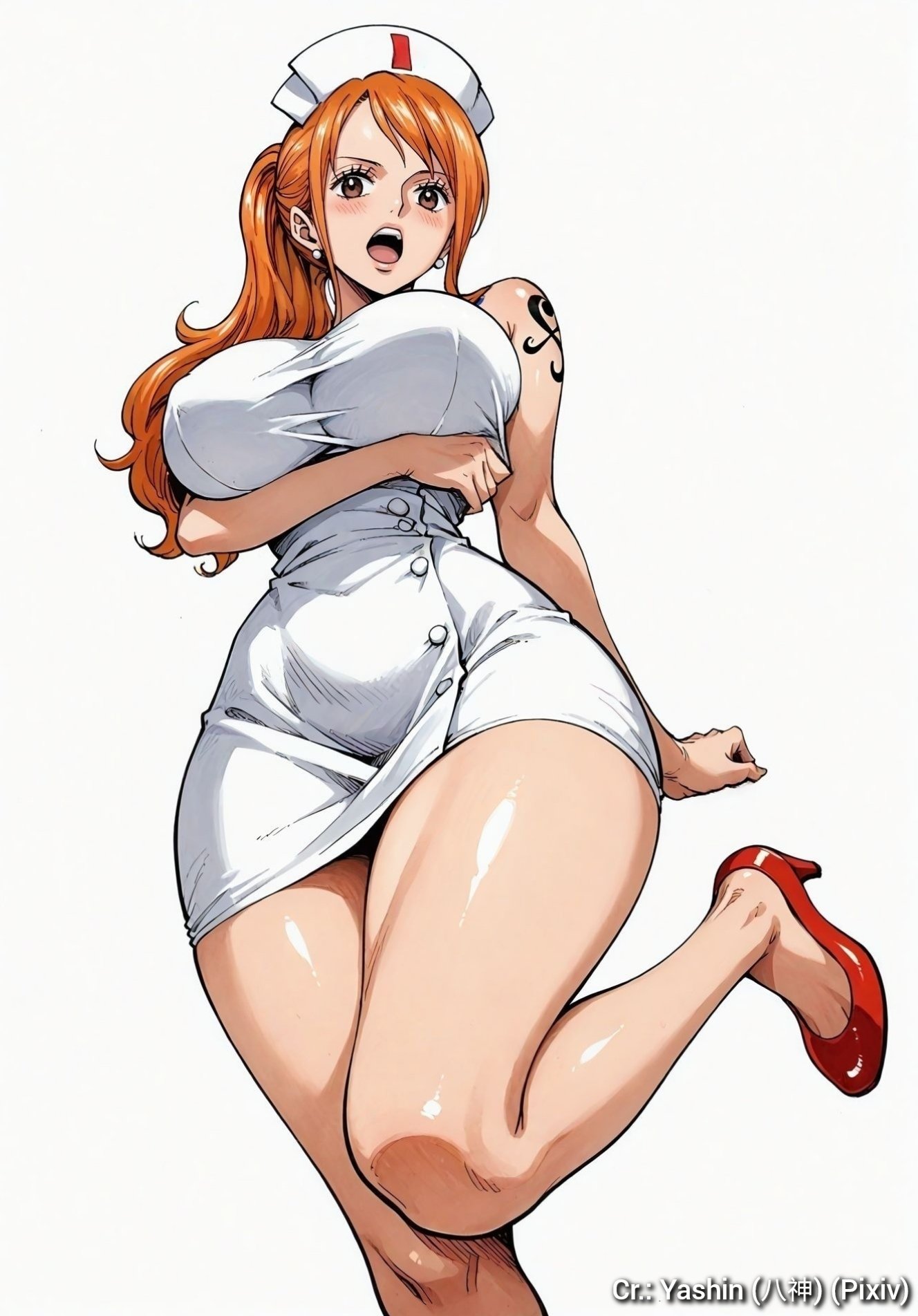 ai_generated big_breasts blush female female_only long_hair nami nami_(one_piece) nurse one_piece open_mouth post-timeskip yashin