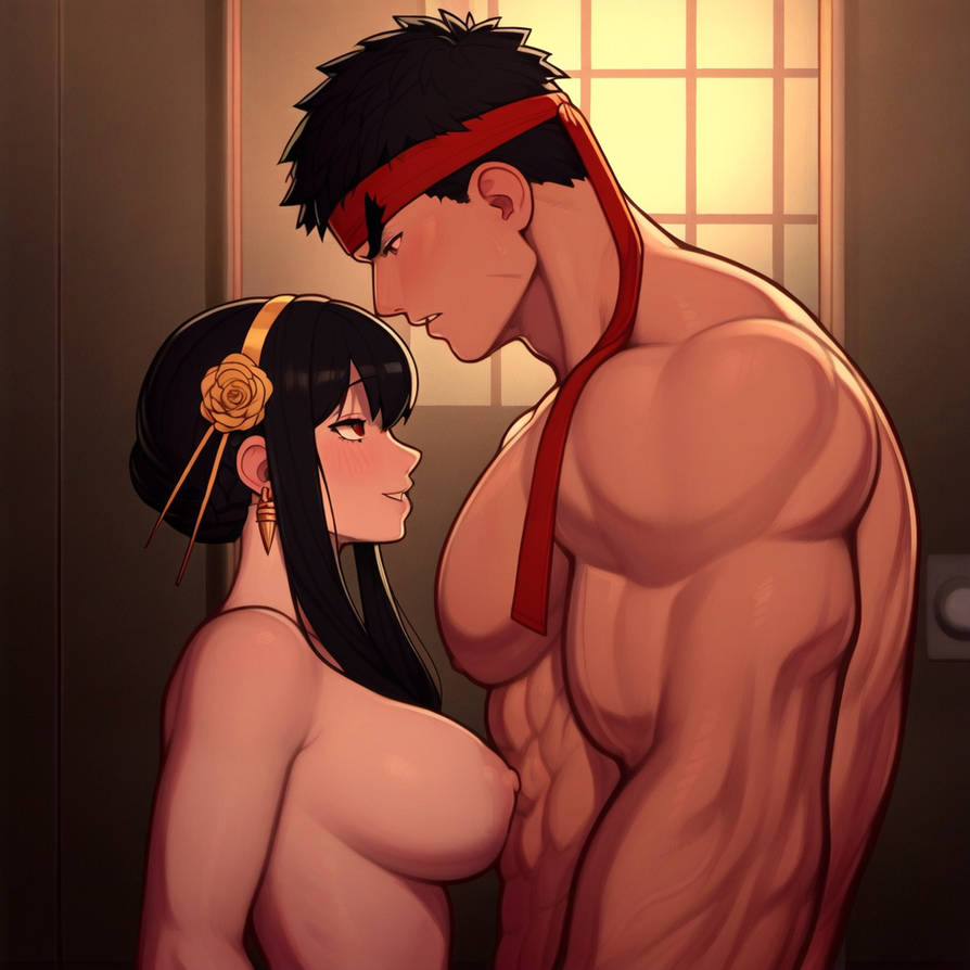 1boy 1girls abs ai_generated bandana big_breasts black_hair blushing cheating cheating_wife female hair_ornament human indoors looking_at_another lovers male muscular_male pinky_cheeks ready_to_fuck ryu_(street_fighter) spy_x_family street_fighter tied_hair yor_briar yor_forger