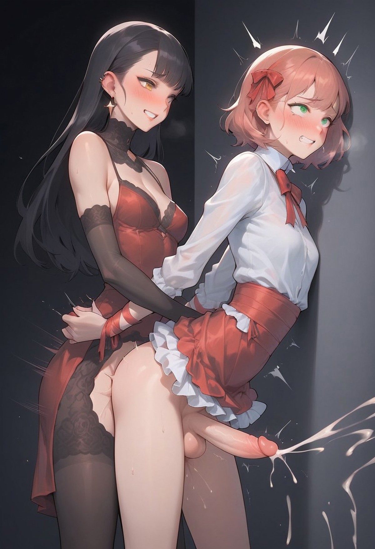 2futas, against wall, ai generated, anal, anal orgasm, anal sex, arms behind back, athletic, athletic futa, balls, blush, bottomless, bottomless futa, breasts, clenched teeth, clothed sex, clothes lift, cum, cum inside, cumming, cumming from anal sex, cumming together, cumshot, dark cultist, dickgirl, dress, duo, ejaculation while penetrated, elbow gloves, erect penis, erection, eyes rolling back, from behind, from side, futa on futa, futa only, futa penetrated, futa penetrating, futa sans pussy, futa with futa, futadom, futanari, futasub, gloves, grin, hair ribbon, hands behind back, hands-free, handsfree ejaculation, huge cock, huge cumshot, human, intersex, leaning forward, long hair, no panties, orgasm, orgasm face, partially clothed, penis, ribbon, self upload, sex, sex from behind, short hair, side view, smile, smirk, standing, standing sex, thrusting, trembling