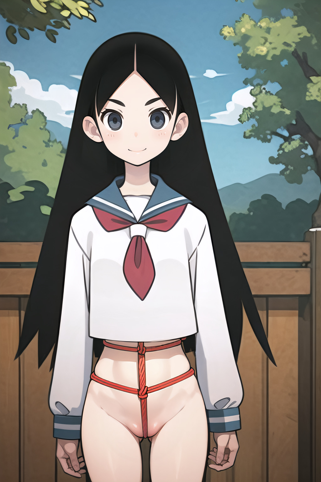 1female 1girls ai_generated asian asian_female black_eyebrows black_eyelashes black_hair blue_eyes blush blush_lines brush404 detailed_background female female_only full_body happy japanese japanese_female kitsu_chiri landscape light-skinned_female light_skin long_hair lower_body no_panties no_pants pussy red_rope rope rope_bondage sayonara_zetsubou_sensei school_uniform schoolgirl seifuku serafuku skinny small_eyebrows small_waist smile smiling smiling_at_viewer solo stable_diffusion straight_hair thick_eyelashes thick_thighs uniform vagina very_long_hair