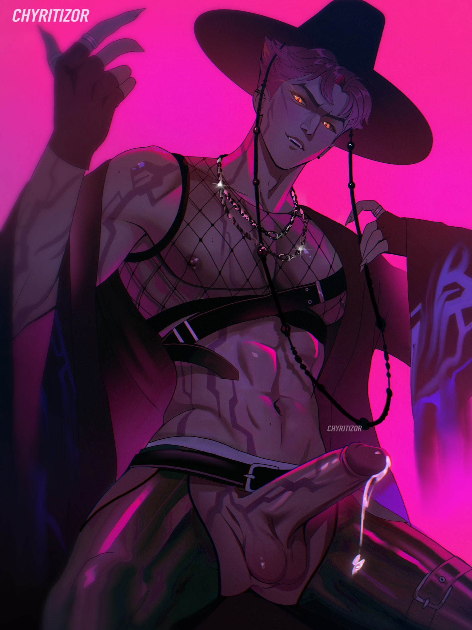 1boy, abby (kpop demon hunters), abs, asian, asian clothing, asian male, balls, bara, big penis, chyritizor, cock, demon, demon boy, demon humanoid, dripping, dripping cum, dripping precum, glowing eyes, hard cock, kpop, kpop boy, kpop demon hunters, male, male only, netflix, partially clothed, penis, pink background, pink hair, saja boys, sony pictures animation, strong, tattoo, tattoo on chest, tattoo on penis, tattooed arm, tattoos, yaoi, yellow eyes