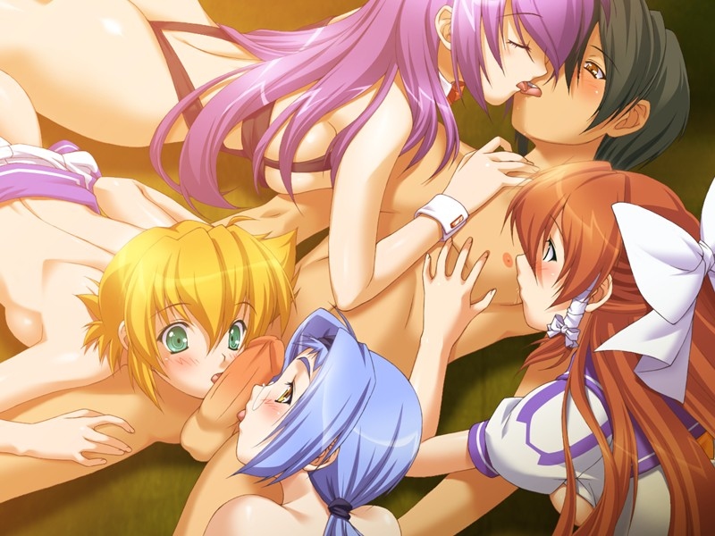 4girls blonde_hair blue_hair blush breasts brown_hair cosplay_fetish_academy game_cg glasses kissing kissing licking licking mikage_yuuki miwa_maika mizuki_kotori multiple_girls nipples nude penis pubic_hair purple_hair pussy school_uniform short_hair uncensored