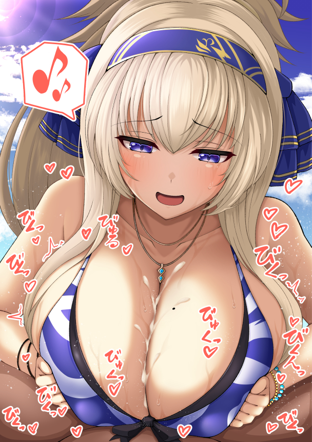 bikini bikini_top blonde_hair blue_eyes blue_headband brave_girl_ravens breasts cleavage consensual_paizuri consenting_female covered_paizuri cum cum_in_cleavage cum_on_body cum_on_breasts cumming_between_breasts cumming_from_paizuri cumming_in_cleavage cumshot cumshot_in_chest day ejaculating_cum ejaculating_in_cleavage ejaculation ejaculation_between_breasts engulfing_paizuri happy_paizuri headband heart jewelry kairi_(brave_girl_ravens) kurarika large_breasts long_hair looking_down necklace open_mouth outdoors paizuri paizuri_under_bikini paizuri_under_clothes pov pov_crotch smile solo_focus speech_bubble straight swimsuit swimsuit_paizuri swimsuit_top swimzuri