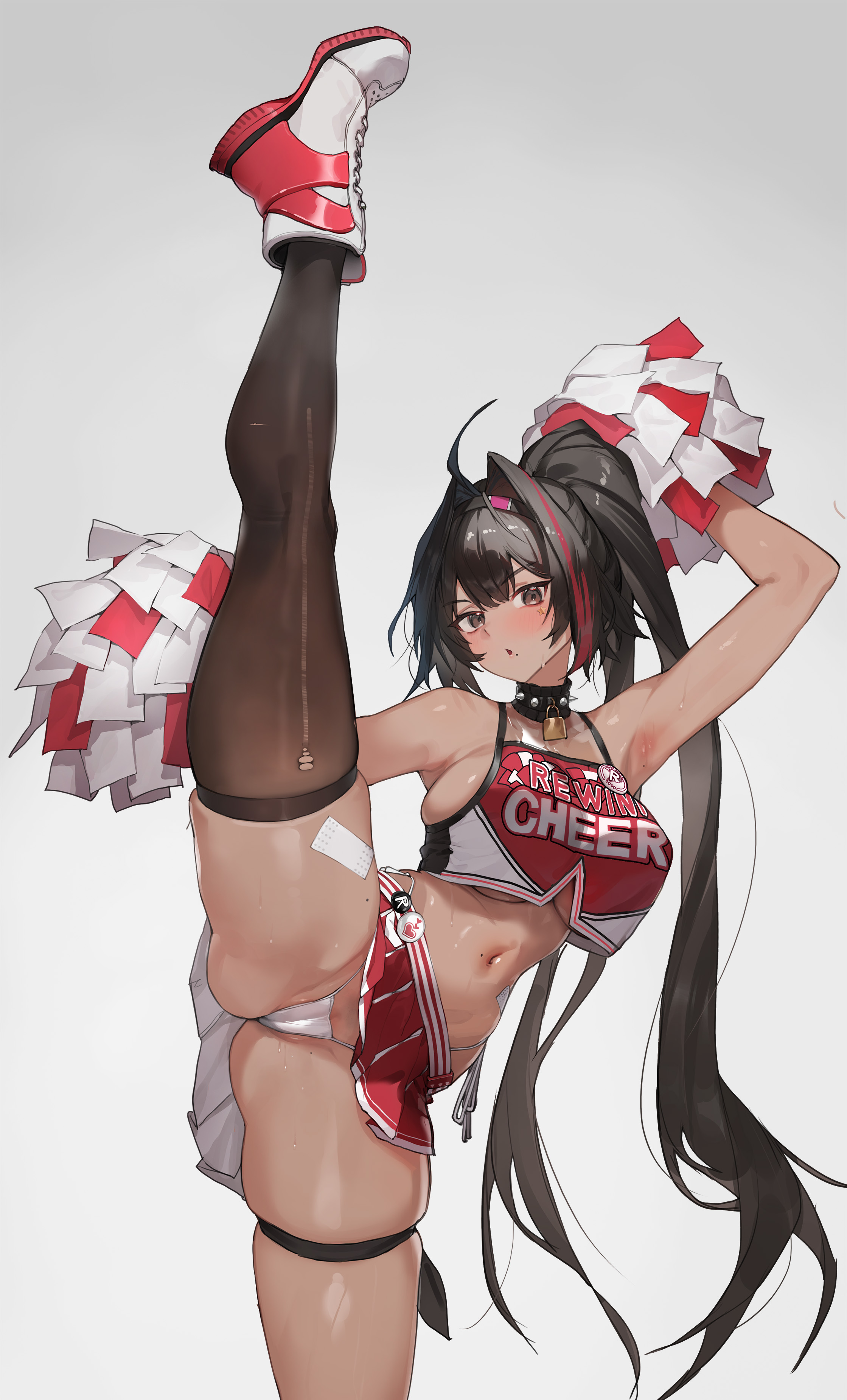 bay (nikke), blush, breasts, cheerleader, chestnut mouth, female, fit, fit female, goddess of victory: nikke, huge breasts, huge thighs, standing on one leg, standing split, thick thighs
