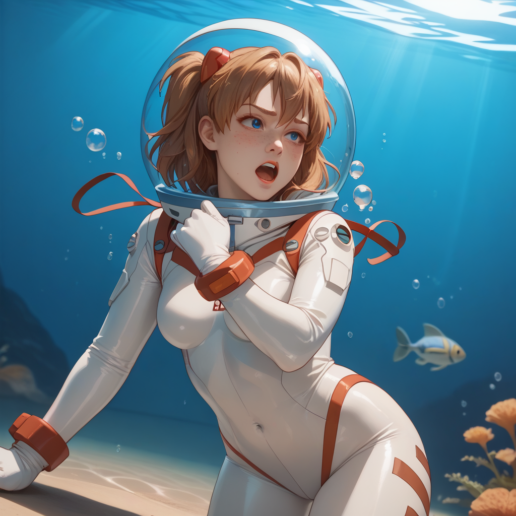 ai_generated air_bubble air_bubbles asuka_langley_sohryu bubble_helmet diving_helmet female helmet latex latex_bodysuit neon_genesis_evangelion nordslate open_mouth solo space_helmet underwater water