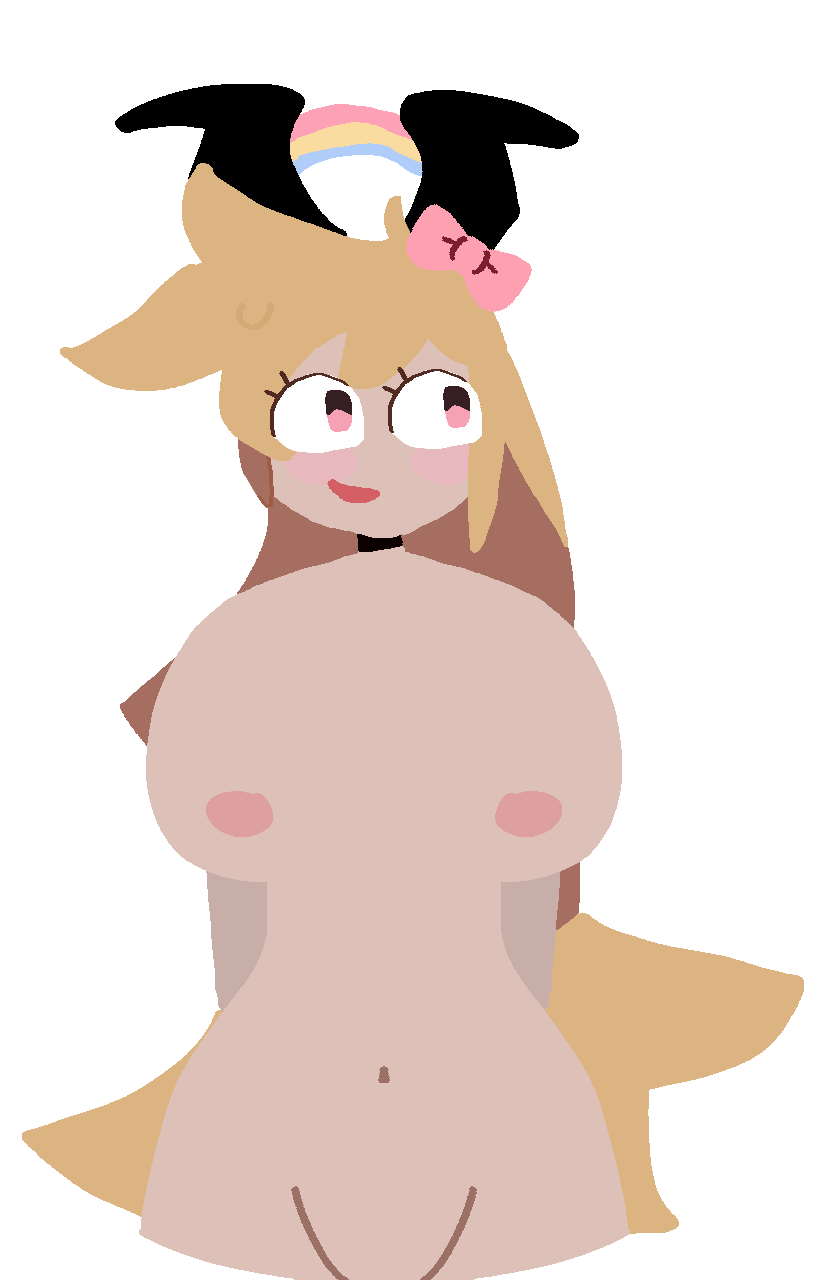 1girls areolae arms_behind_back blonde_hair blush bow breasts embarrassed_nude_female fundamental_paper_education horns human long_hair looking_away nipples no_clothes nude_female pastel_colors rainbow ruby_(fundamental_paper_education) simple_coloring sweatdrop tall_female