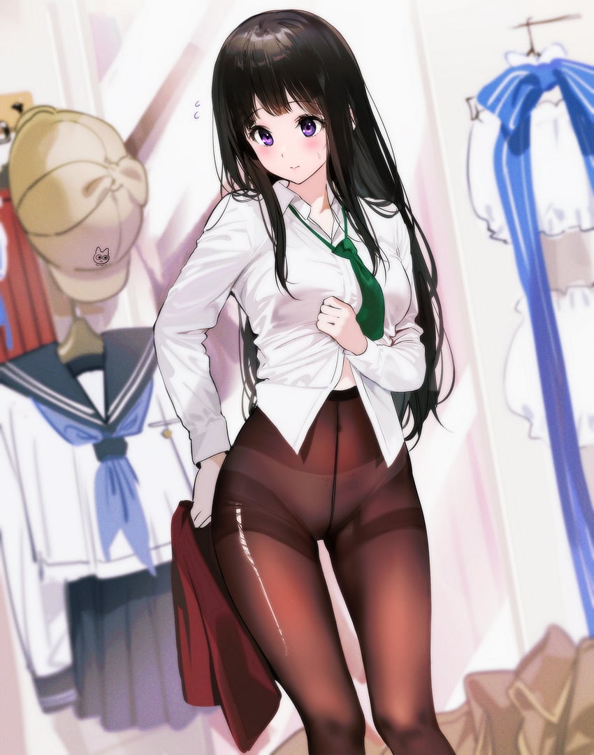 belly_button_visible_through_clothing big_breasts black_hair blush breasts brown_pantyhose chitanda_eru closed_mouth clothes_hanger collared_shirt crotch_seam flying_sweatdrops high-waist_pantyhose holding_clothes hyouka indoors long_hair long_sleeves loose_necktie mery_(yangmalgage) necktie panties panties_under_pantyhose pantyhose purple_eyes see-through_legwear shiny_pantyhose shirt sweatdrop thighband_pantyhose thighs torn_pantyhose undressing white_panties white_shirt