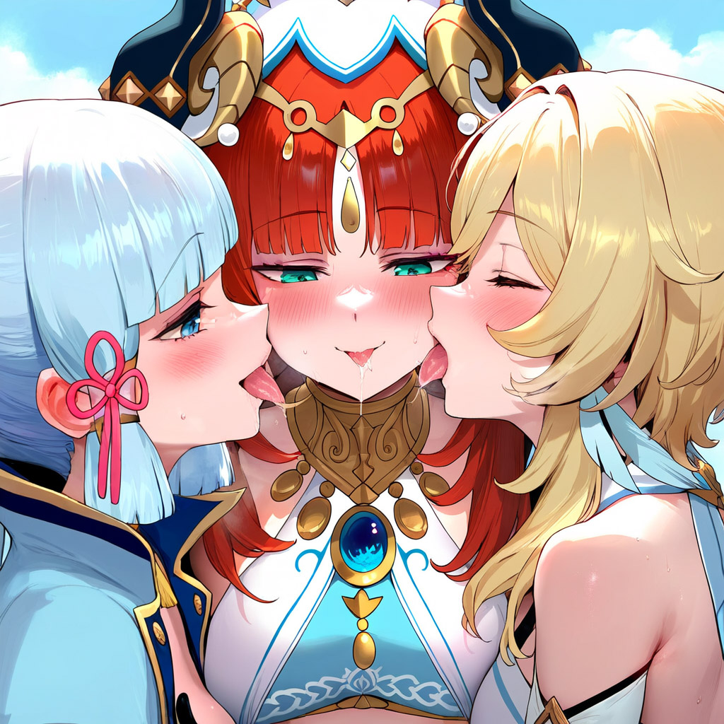 3girls, after kiss, ai generated, bangs, bare shoulders, blonde hair, blue eyes, blue hair, blue sky, blunt bangs, blush, closed eyes, day, depressu, eyebrows visible through hair, female, femdom, french kiss, genshin impact, hat, headgear, japanese clothes, jewelry, kamisato ayaka, kissing, long hair, lumine (genshin impact), multiple females, multiple girls, nilou (genshin impact), red hair, saliva, short hair, tongue, tongue out, yuri
