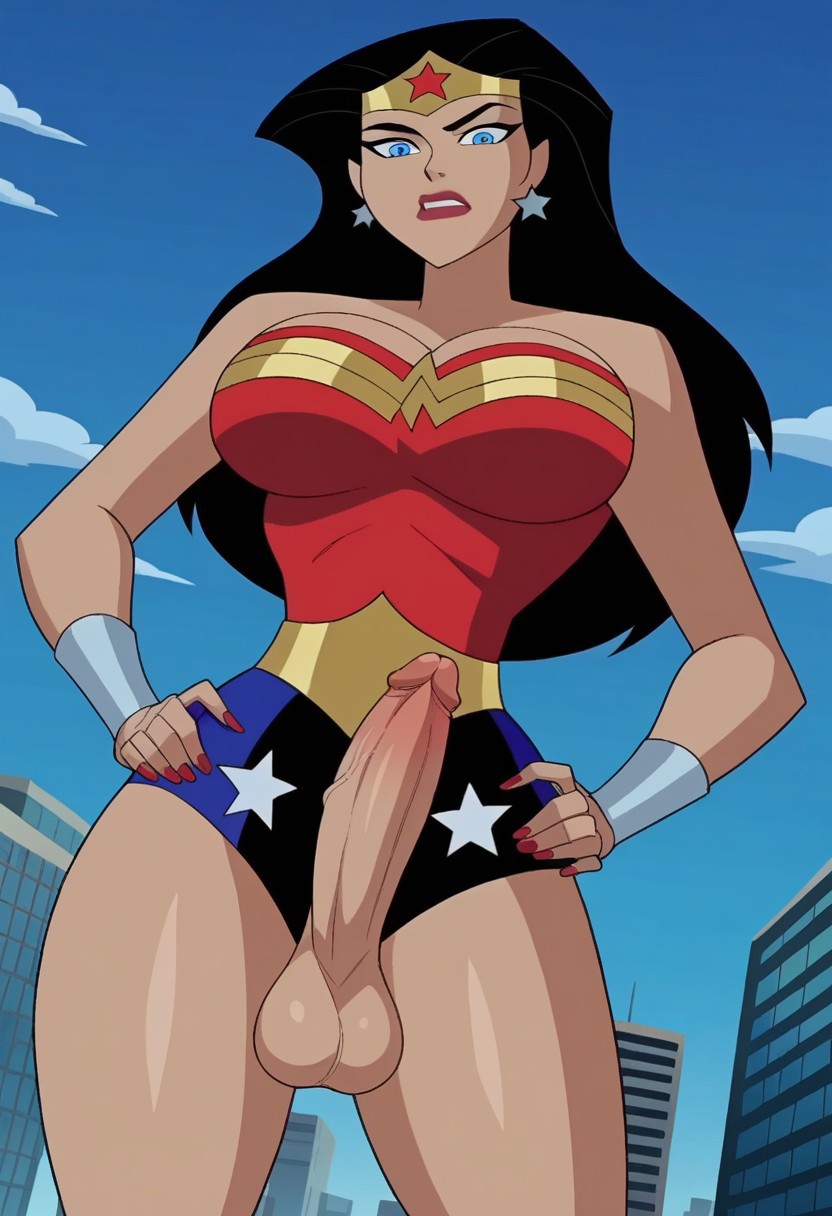 1futa ai_generated balls big_breasts big_penis black_hair blue_eyes breasts city dc_comics erect_penis erection futa_only futa_sans_pussy futanari huge_cock justice_league_unlimited legs long_hair penis solo wonder_woman wonder_woman_(series)