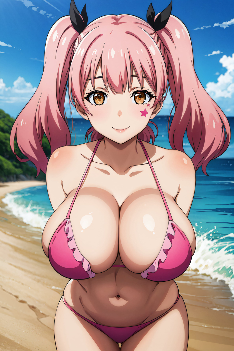 ai_generated bare_legs beach big_breasts bikini bikini_top fujinoki_nene gyaru hajimete_no_gal huge_breasts huge_thighs light-skinned_female light_skin looking_at_viewer massive_breasts pink_hair shortstack smiling solo_female thick_thighs thighs twintails voluptuous voluptuous_female yellow_eyes