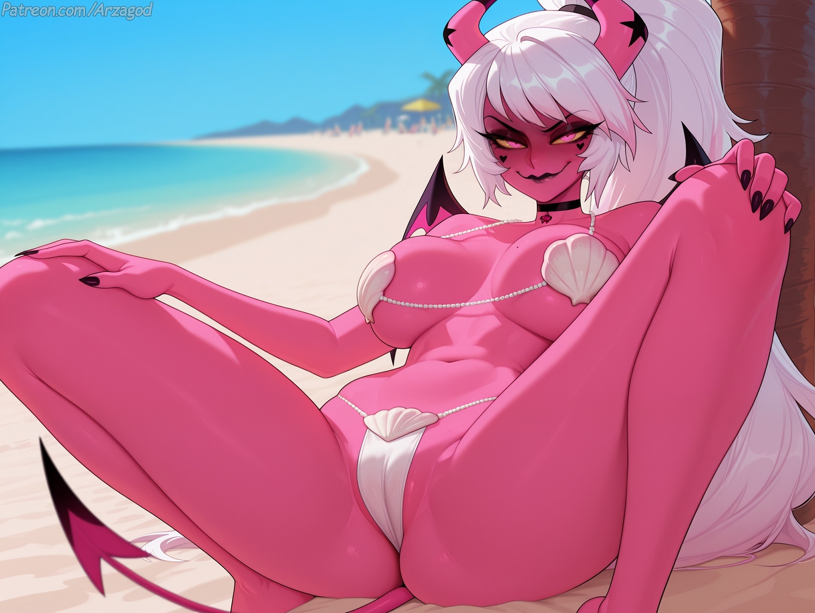 1girl, ai generated, arzagod, big breasts, bikini, blush, demon, demon girl, demon horns, demon tail, hazbin hotel, helluva boss, horns, large breasts, long hair, makeup, perfect legs, pink eyes, pink skin, ponytail, pussy focus, succubus, tagme, thick thighs, verosika mayday (helluva boss), white hair, yellow sclera
