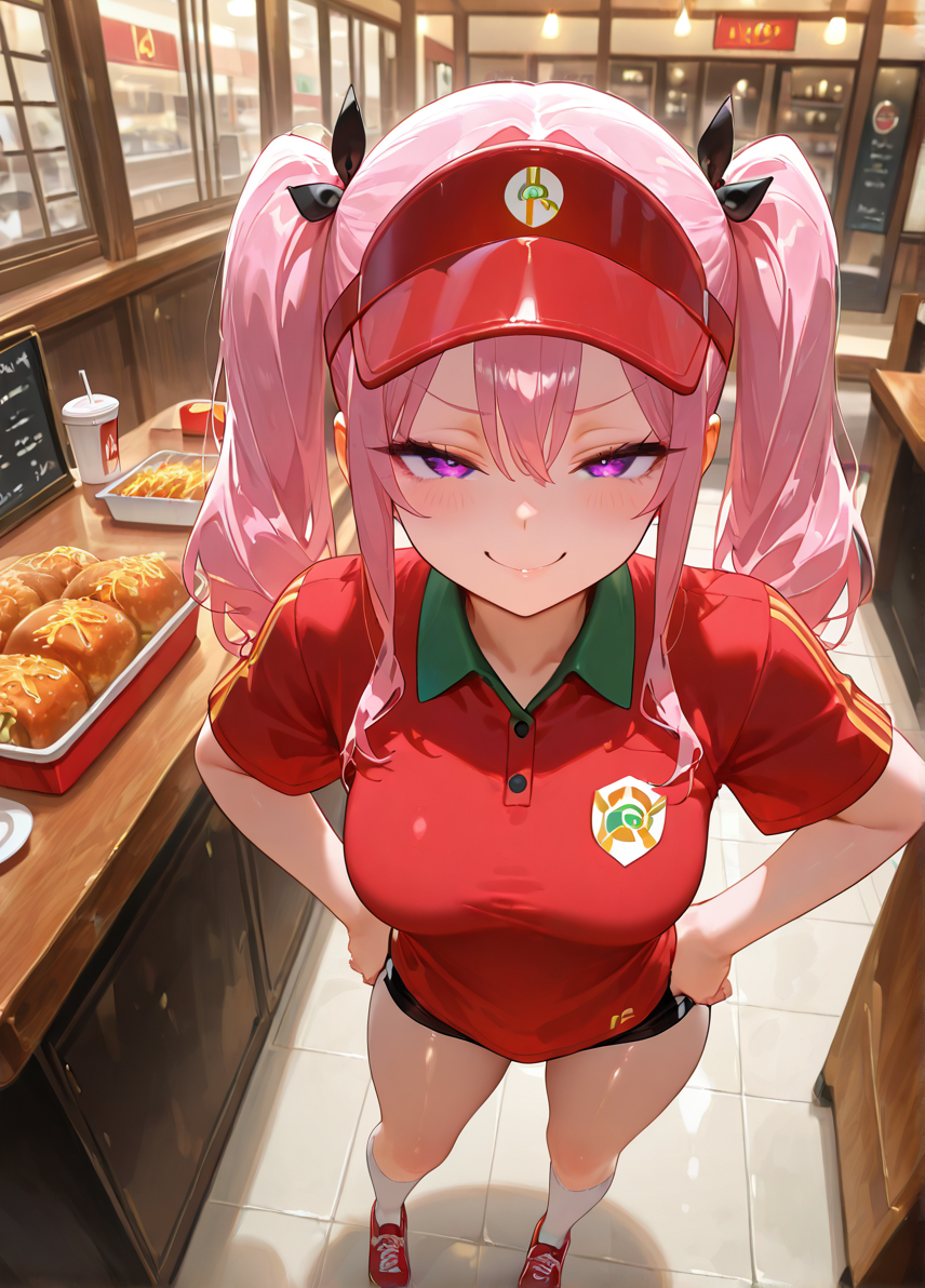 1girls ai_generated bangs black_ribbon black_shorts blush brand_name_imitation breasts closed_mouth clothing collared_shirt cup disposable_cup employee_uniform female food footwear from_above hair_between_eyes hair_ornament hair_ribbon hands_on_hips hands_on_own_hips headwear high_resolution holding indoors kneehighs large_breasts long_hair looking_at_viewer original original_character pink_hair purple_eyes red_footwear red_headwear red_shirt ribbon shirt shoes short_sleeves shorts sidelocks smile smug sneakers socks solo standing thighs tray twintails uniform v-shaped_eyebrows visor_cap white_socks yuyumiai