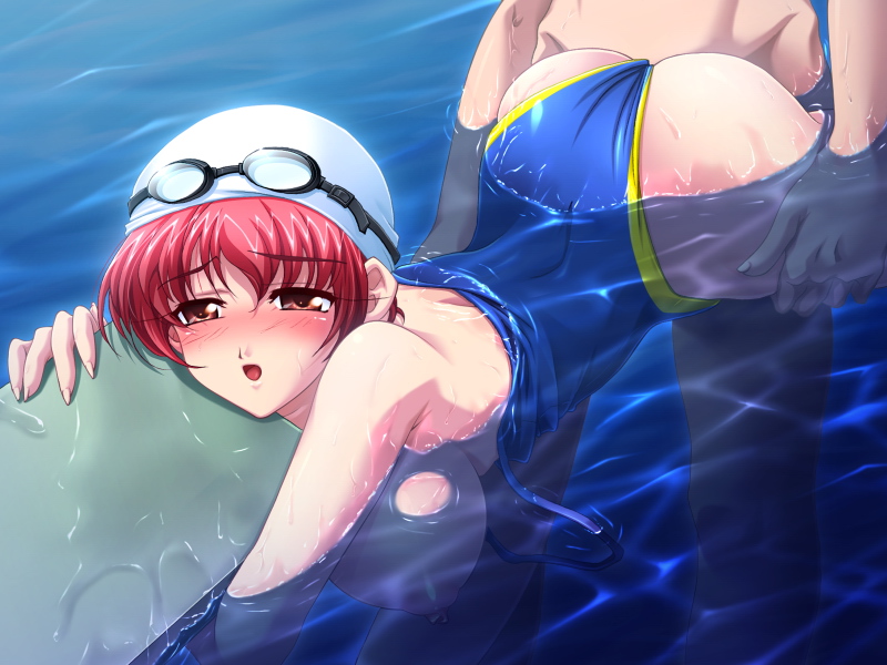 bent_over blush breasts female from_behind game_cg glasses hair large_breasts looking_at_viewer nipples open_mouth red_hair sex shower_cap swimsuit water wet