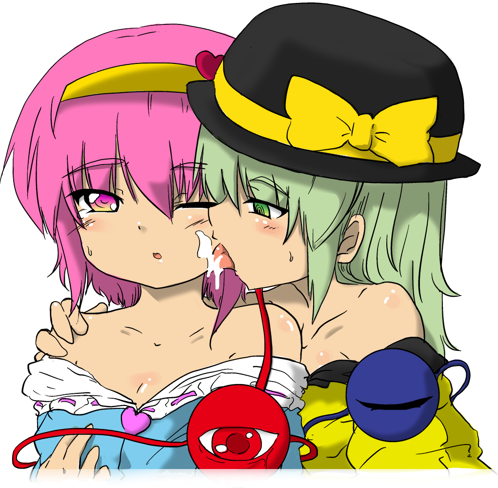 blush cum dress facial female green_eyes green_hair hairband hat incest koishi_komeiji licking multiple_girls nekokokazuma off_shoulder purple_eyes purple_hair satori_komeiji short_hair siblings sisters third_eye tongue touhou wink yuri