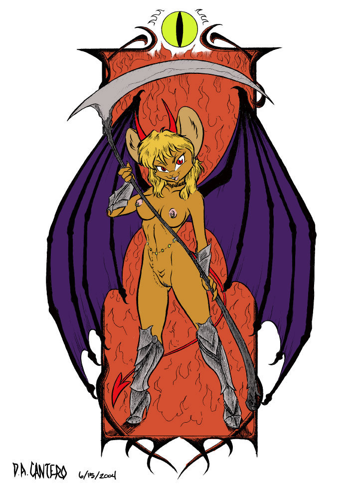 anthro bat_wings blonde_hair david_a_cantero demon devil_horns devil_tail edit eye_of_sauron flames fur furry hair horn mouse red_eyes rodent scythe wings