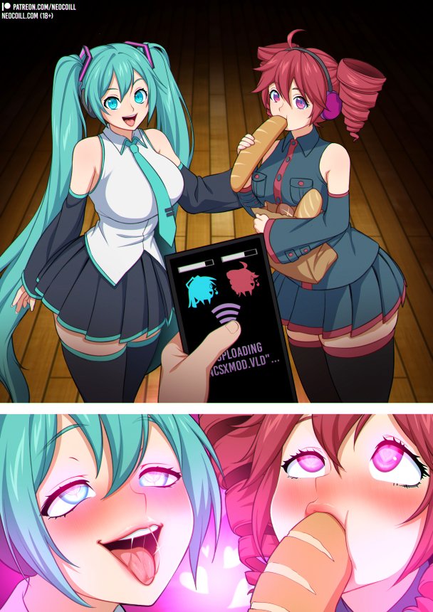 bread, bread in mouth, eating, french bread, hatsune miku, kasane teto, neocoill, tagme, vocaloid