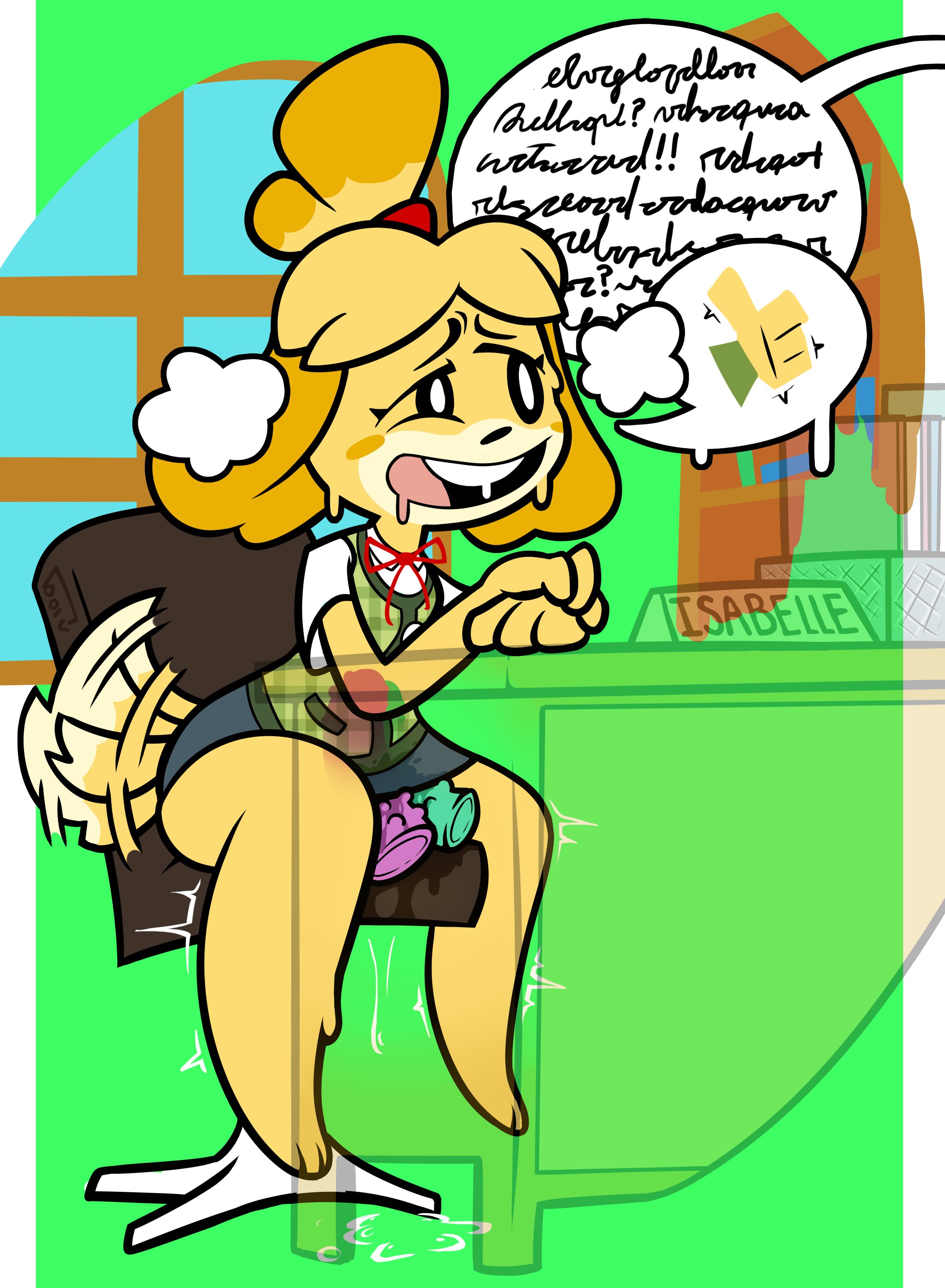 algob4v, animal crossing, bav, bumpy dildo, chair, desk, dildo, dildo in pussy, dildo insertion, dildo penetration, dog, dog ears, dog girl, dog tail, isabelle (animal crossing), looking pleasured, multiple dildos, nintendo, open mouth, pussy, pussy juice, pussy juice drip, saliva, saliva trail, stealth masturbation, text, text bubble, wagging tail