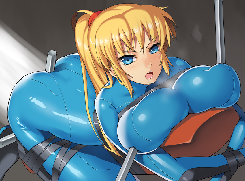1girls, angry, ass, blonde hair, blue eyes, blush, bodysuit, bondage, breast poke, breast press, breast squeeze, breasts, drool, drooling, female, female only, huge breasts, human, long hair, metroid, nagase haruhito, nintendo, open mouth, poking, ponytail, saliva, samus aran, skin tight, solo, tied, tied hair, wince, zero suit, zero suit samus