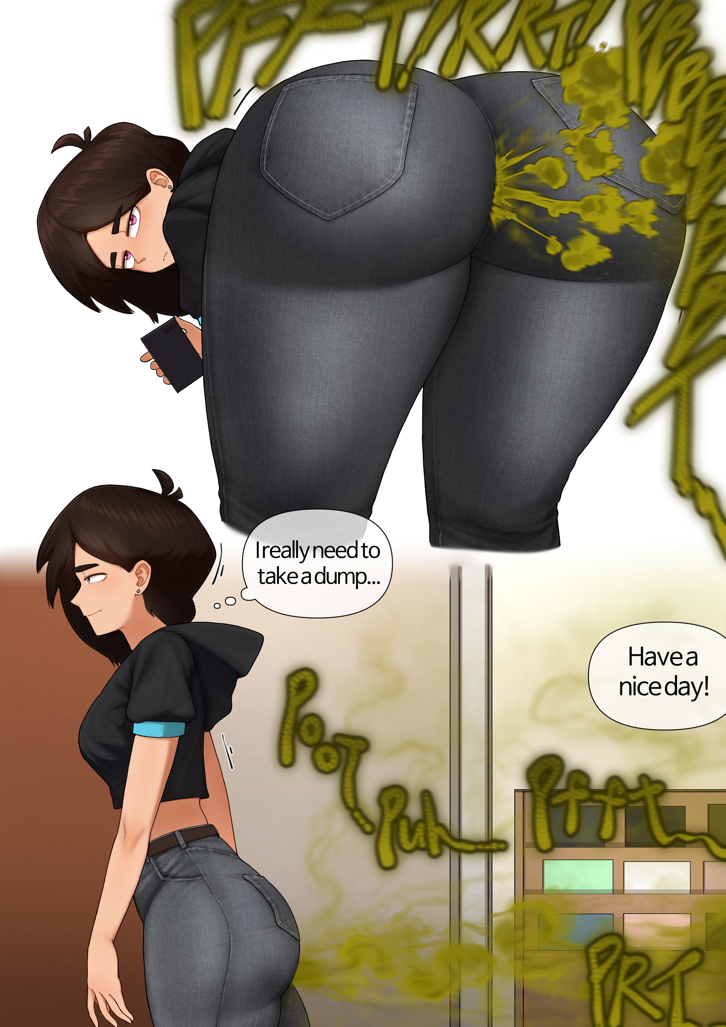 1girls, 2d, 2d (artwork), alternate version available, annoyed expression, ass, ass bigger than head, ass cleavage, ass crack, ass focus, big ass, big hips, big thighs, black hoodie, booty, booty focus, bored expression, brown hair, butt crack, cellphone, chubby ass, clothed, clothed female, clothing, detailed, detailed clothes, detailed clothing, dialogue, dialogue bubble, ear piercing, ear piercings, exposed belly, expressionless, fart, fart cloud, fart everywhere, fart fetish, farting, farting on another, farts, female, female focus, female only, gas, gassy, gassy ass, gassy female, green fart, green gas, grey jeans, grey pants, hips, hips wider than shoulders, hoodie, jacket, light skin, light-skinned female, looking back, milf, mommy, mommy kink, multiple scenes, oc, offscreen character, onomatopoeia, original, original character, pants, phone, phone screen, pierced ear, pierced ears, piercing, pink eyes, purple eyes, shop, shopping, short hair, short sleeved jacket, short sleeves, silent but deadly, silent fart, skimpy, skimpy clothes, skimpy outfit, skinny, skinny female, skinny girl, skinny waist, small breasts, small breasts big ass, smell, smelly, smelly ass, smelly farts, stink, stink fumes, stink lines, stinky, stinky ass, stinky fart, store, store room, sweater, sweater vest, talking, talking to another, text, text bubble, thick, thick ass, thick hips, thick thighs, thighs, thighs bigger than head, twitter, twitter link, walking away, yakbang