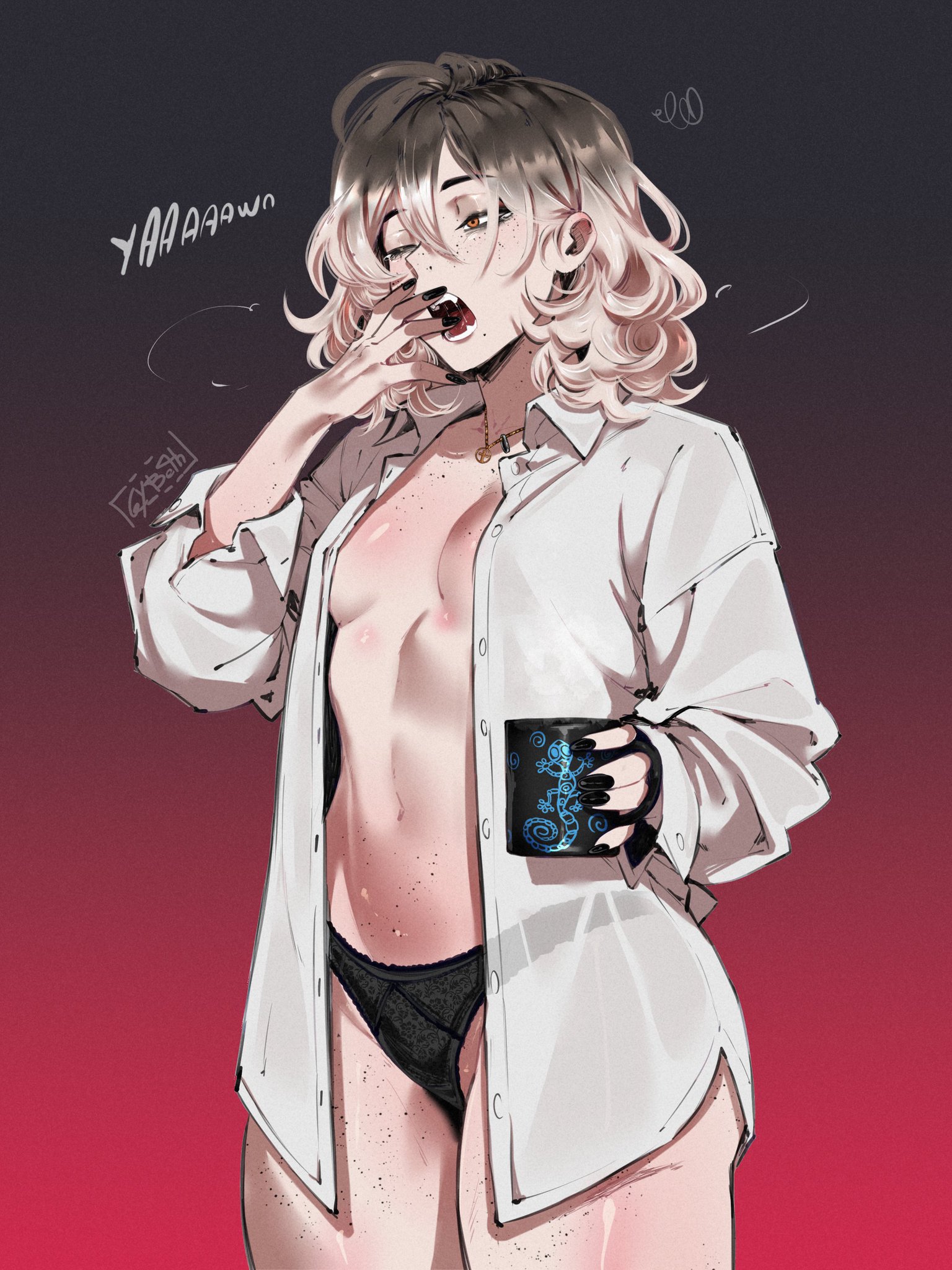 artist self-insert, beth(gybeth), blonde hair, female, female only, gybeth, holding mug, open shirt, original, small breasts, underwear, yawn, yawning