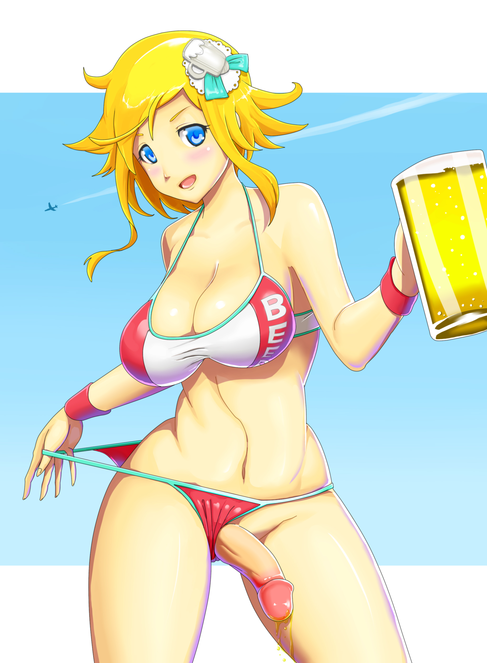 1futa, beer mug, bikini, blonde hair, blue eyes, breasts, drink, food, futa only, futanari, hoihoi, intersex, large breasts, original, penis, short hair, solo, swimsuit