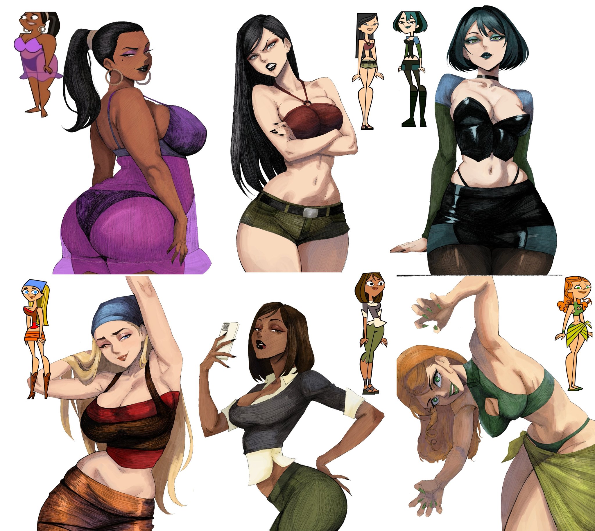 2026, 2d, 2d (artwork), 6girls, african female, angry, angry expression, angry face, asian, asian female, ass, big ass, big breasts, black hair, black lipstick, black nails, blonde hair, blue eyes, blue hair, blush, booty shorts, breasts, brown eyes, brown hair, cartoon network, chubby, chubby female, cleavage, clothing, collection, courtney (tdi), dark skin, dark-skinned female, eyeshadow, eyewear, fat ass, female, female focus, female only, full lips, goth, goth girl, green eyes, green lipstick, green nails, grey eyes, gwen (tdi), heather (tdi), hex mamaniac, hi res, highres, huge ass, huge breasts, izzy (tdi), large ass, large breasts, legs, leshawna (tdi), light skin, light-skinned female, lindsay (tdi), lips, lipstick, long fingernails, long hair, long nails, looking at viewer, makeup, multiple females, multiple girls, multiple images, nail polish, open mouth, panties, phone, seductive, seductive eyes, seductive look, seductive pose, sexy, sexy body, sexy female, sexy pose, short hair, shorts, simple background, slim, slim female, slim waist, thick, thick ass, thick legs, thick lips, thick thighs, thighs, total drama island, underwear, voluptuous, voluptuous female, white background