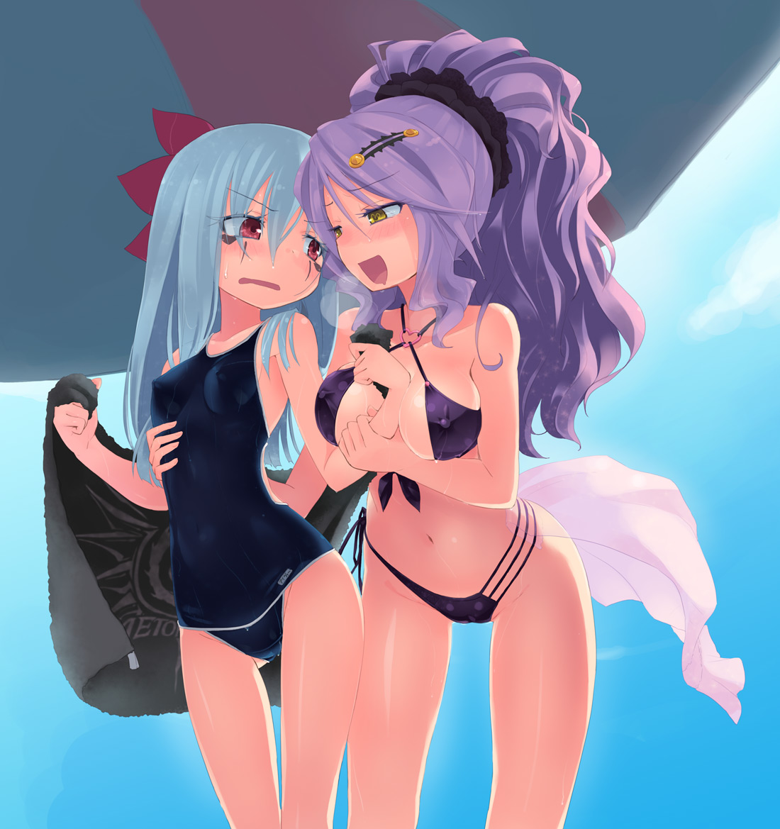 :d, 2girls, arm between breasts, between breasts, bikini, blue hair, blush, breasts, cameltoe, chandelure, erect nipples, female, female only, hair ornament, highres, holding, homura subaru, hydreigon, long hair, multiple females, multiple girls, navel, nipples, nipples visible through clothing, one-piece swimsuit, open mouth, personification, pokemon, pokemon bw, ponytail, purple hair, pussy, red eyes, revision, smile, swimsuit, tied hair, towel, wet, yellow eyes, yuri