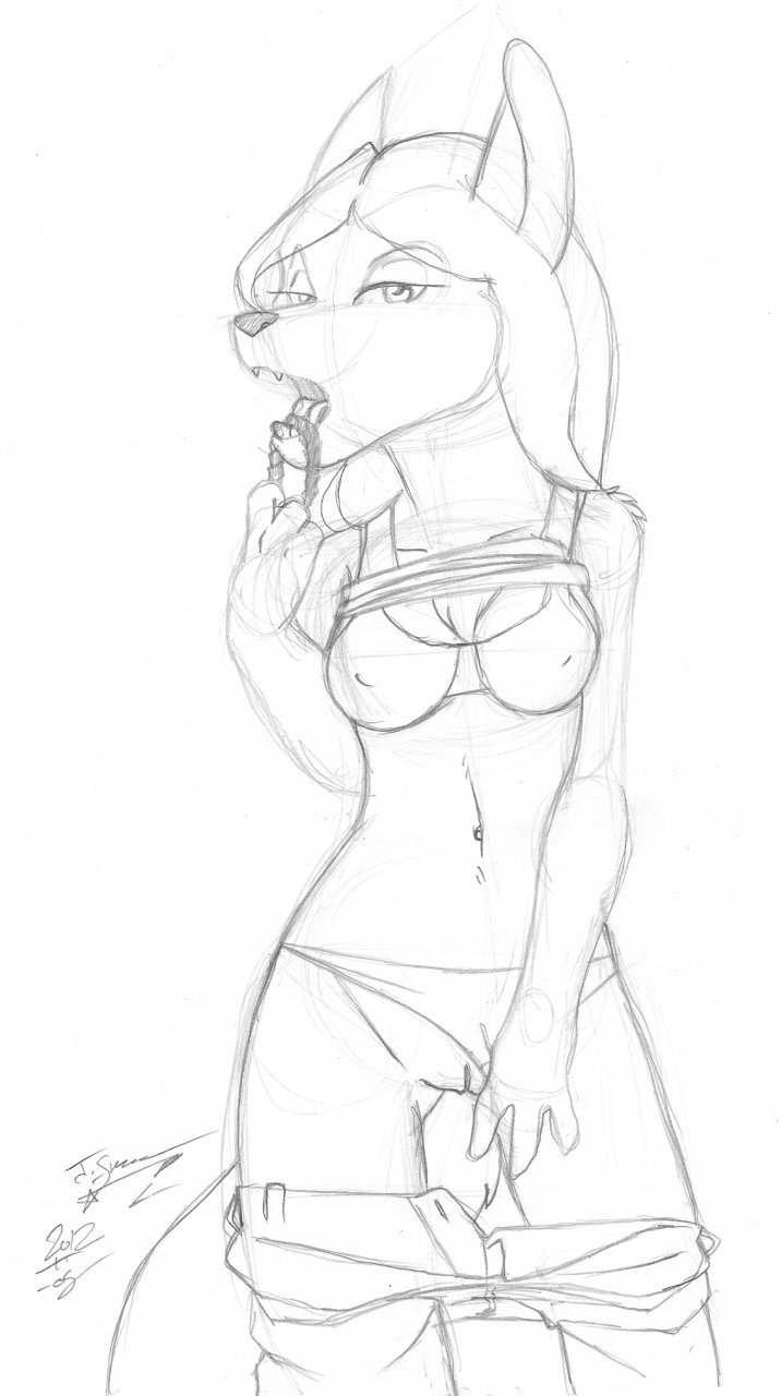 anthro bra candy canine female fur furry jackal licorice looking_at_viewer monochrome os panties pussy seductive sketch skimpy solo underwear undressing