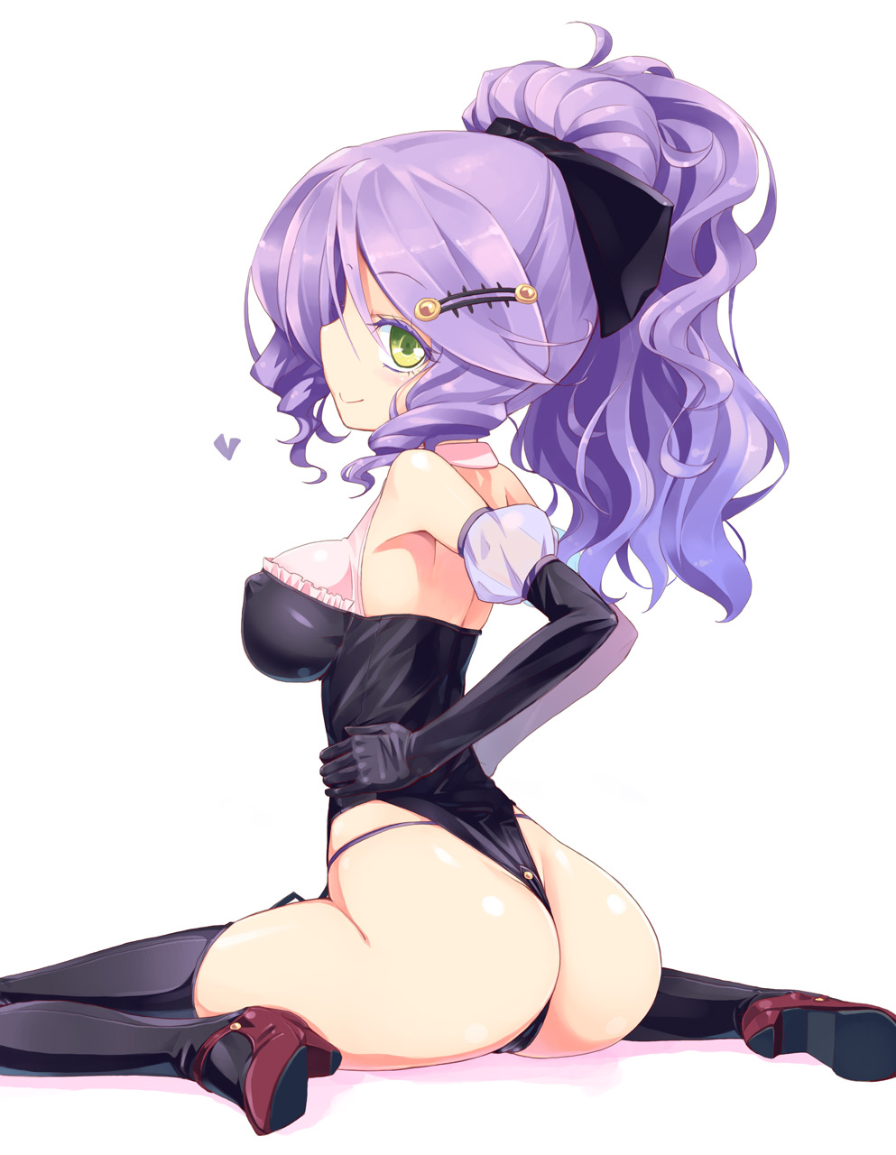 1girls, ass, black legwear, bow, breasts, chandelure, costume, elbow gloves, erect nipples, female, gloves, green eyes, hair ornament, hairbow, hairclip, heart, highres, homura subaru, large breasts, leotard, looking back, nintendo, nipples, personification, pokemon, ponytail, purple hair, simple background, smile, solo, thighhighs, tied hair, white background